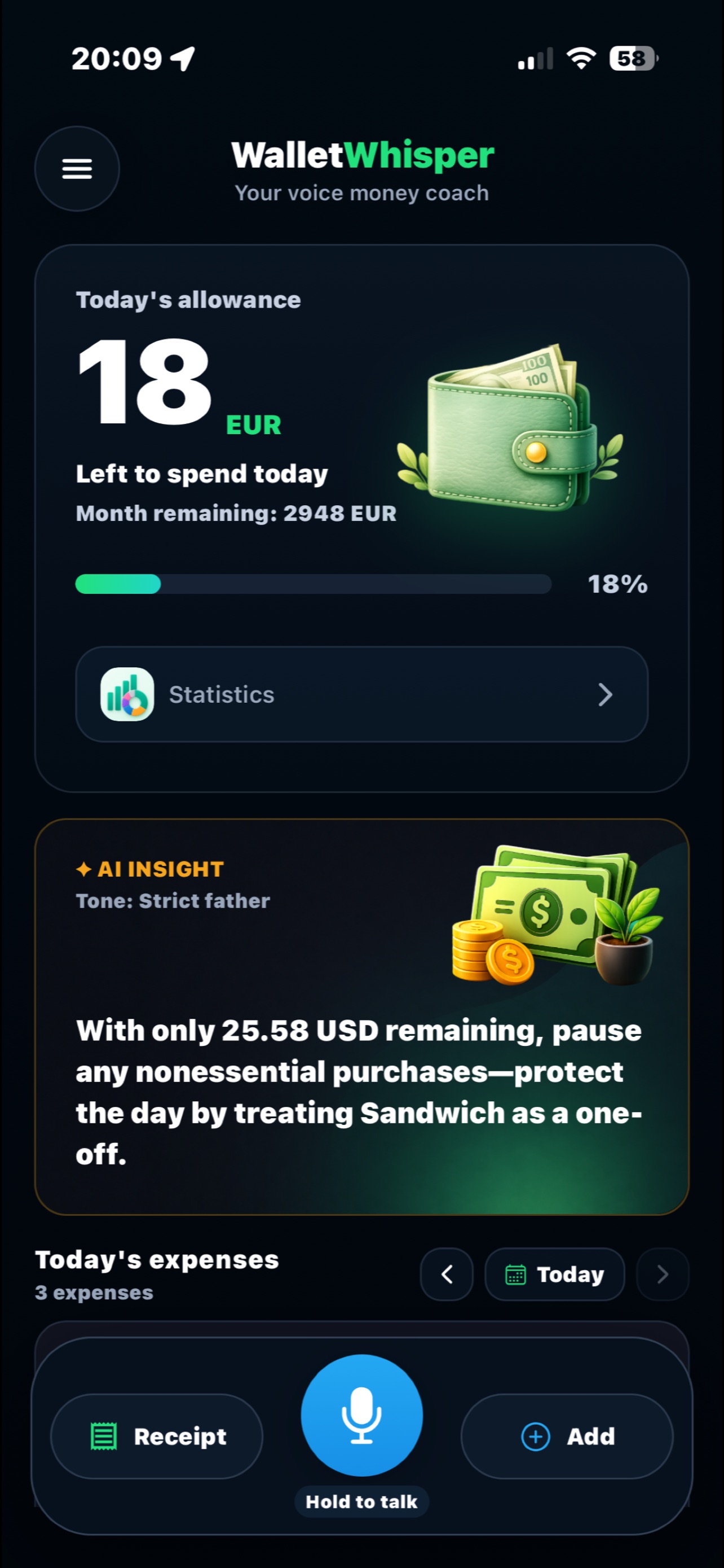 WalletWhisper AI finance app insight screen on iPhone
